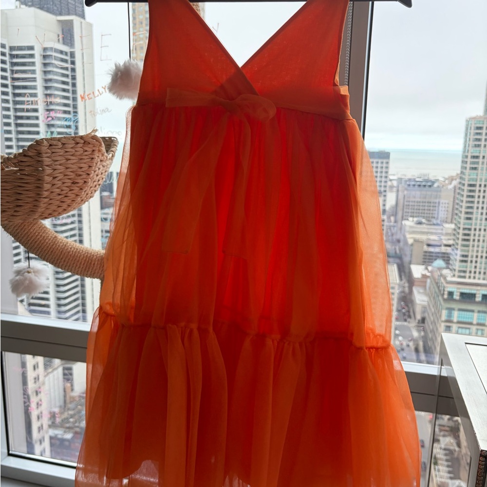 Girls Orange Tulle Party Dress with Bow Accent